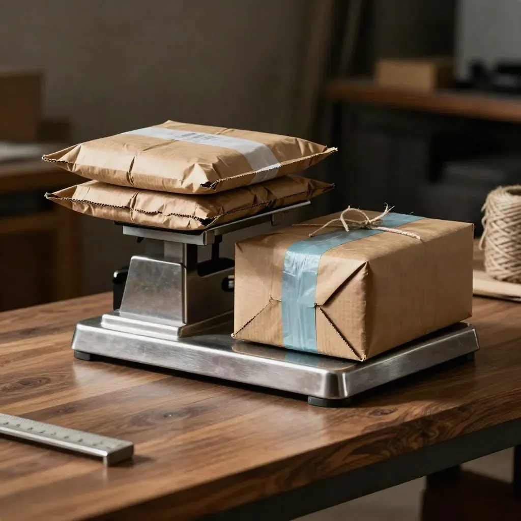 Shipping scale, kraft mailers and taped parcels on a packing bench in dramatic light.