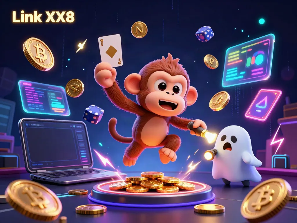 Engage with thrilling gameplay featuring Link XX8 in a haunted casino scene with floating crypto elements.