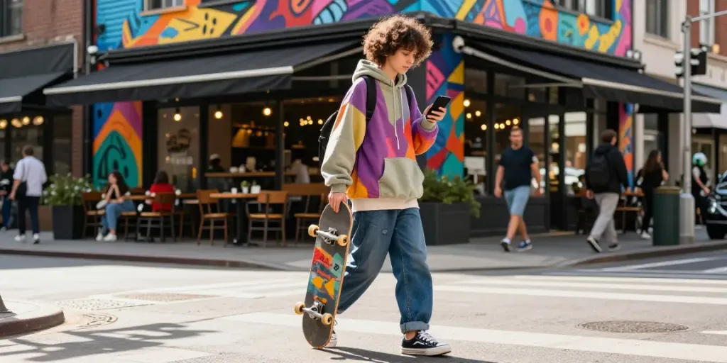 Youthful person embodying the vibrant rokok88 lifestyle, confidently navigating a colorful urban street.