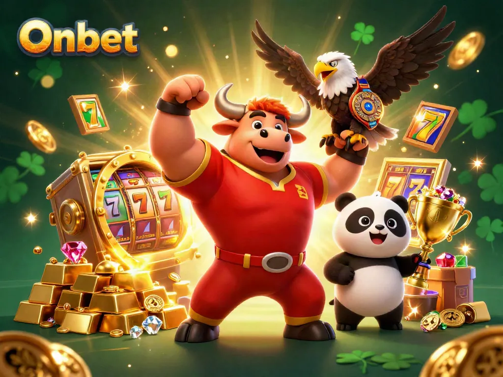 Onbet promotions emerge from a dynamic casino scene featuring a winning bull mascot.