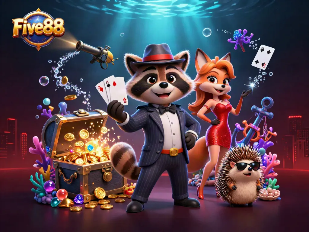 Experience the vibrant world of Five88 with charming characters and dynamic casino elements.