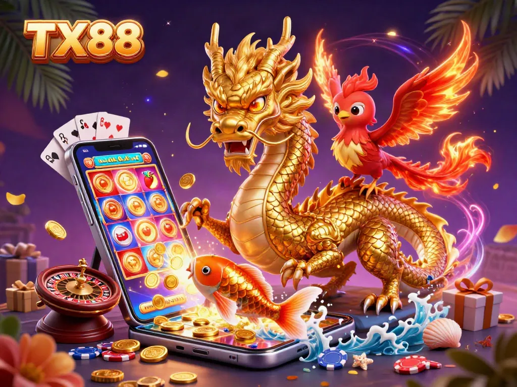Engage in thrilling casino adventures with TX88's vibrant casino illustration featuring a dragon and phoenix.