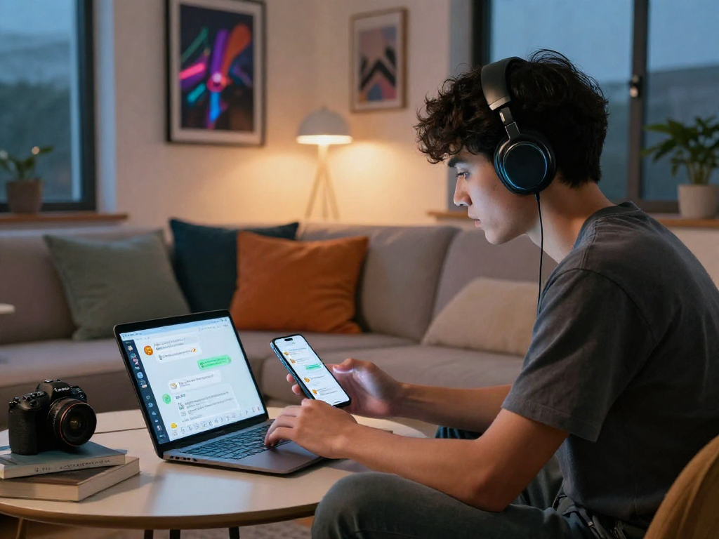 Engaging nsfw AI chat scene with modern tech in a cozy living room
