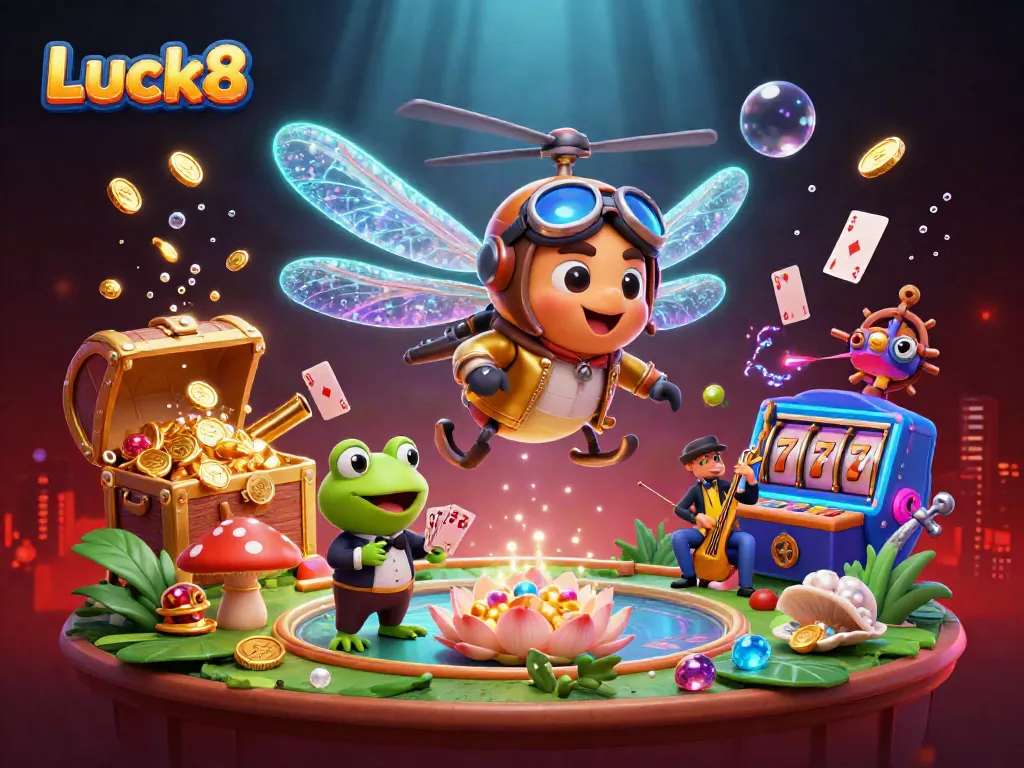 Luck8 dragonfly pilot oversees a vibrant, lively lily pad casino scene filled with gold and slot elements.