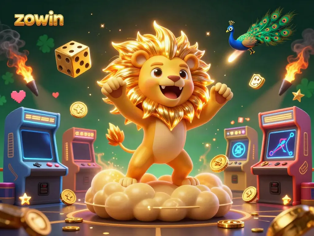 Zowin's vibrant casino scene featuring a sun lion, golden dice, and playful gaming elements.