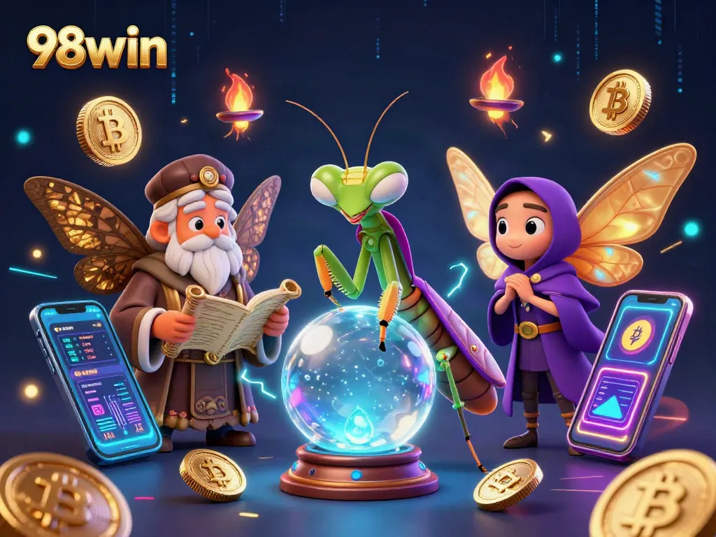 Engage in thrilling 98win casino action with a mystical fortune teller and vibrant cryptocurrency elements.