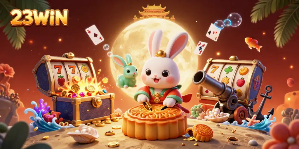 Engage in thrilling gameplay with 23WIN as the moon rabbit reveals poker chips in a vibrant casino atmosphere.