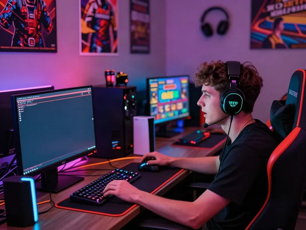Player immersed in the best non gamstop casino gaming experience with vibrant screens and accessories.
