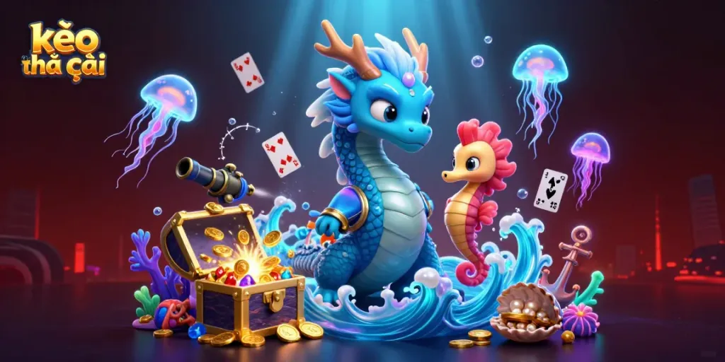 Experience thrilling action with kèo nhà cái amidst underwater treasures and a majestic water dragon.