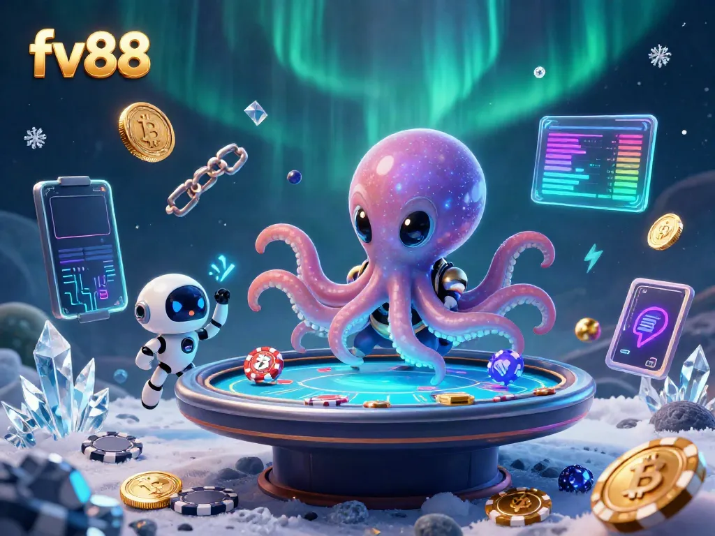 Experience the thrill of fv88 with an alien octopus dealer at a cosmic poker table amidst swirling crypto elements.