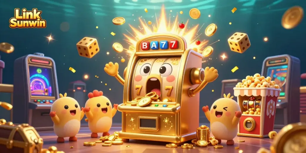 Experience excitement with Link Sunwin as the golden slot machine hits a jackpot, surrounded by cheering baby machines and coins.