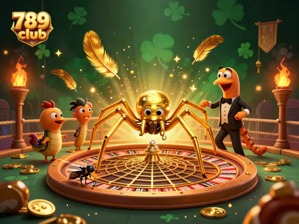 Experience the thrill of betting at 789 club with a giant roulette web amidst a vibrant casino scene.