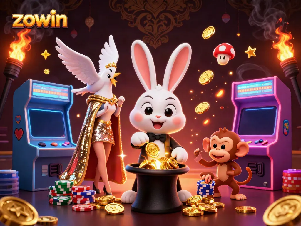 Engage in captivating gameplay at ZOWIN with a magical scene featuring a magician rabbit, dove, and monkey amidst colorful gaming elements.