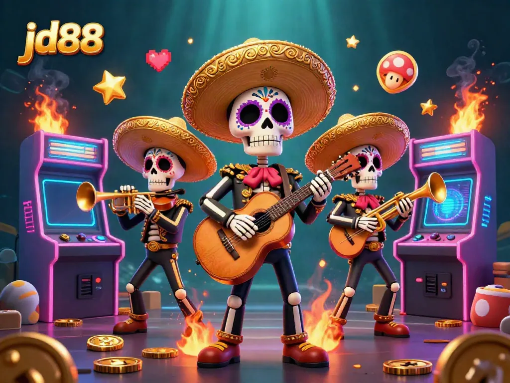 Experience the vibrant entertainment of jd88 with a colorful mariachi band and arcade gaming elements.