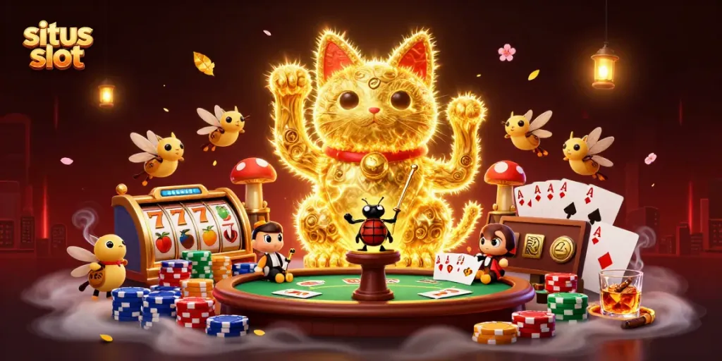 Engage with situs slot on a vibrant, dynamic 3D illustration showcasing a lucky cat and casino elements.