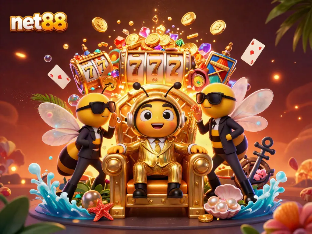 Experience net88's vibrant gaming world featuring fun characters and exciting casino elements.