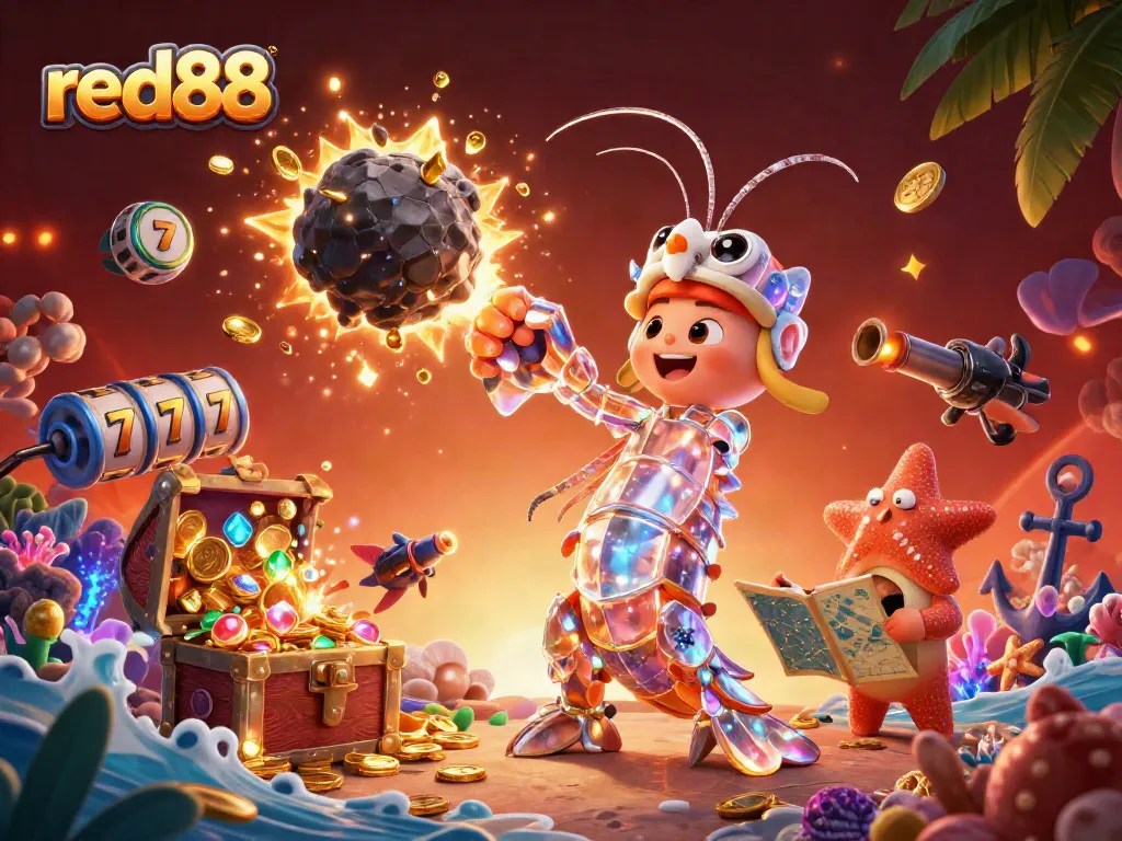 Engage with red88 in a vibrant casino realm of gold and adventure, featuring animated characters and treasure elements.