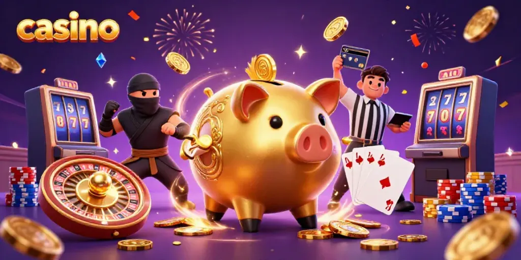 Experience the vibrant casino scene with a sumo wrestler piggy bank surrounded by coins and gaming elements.