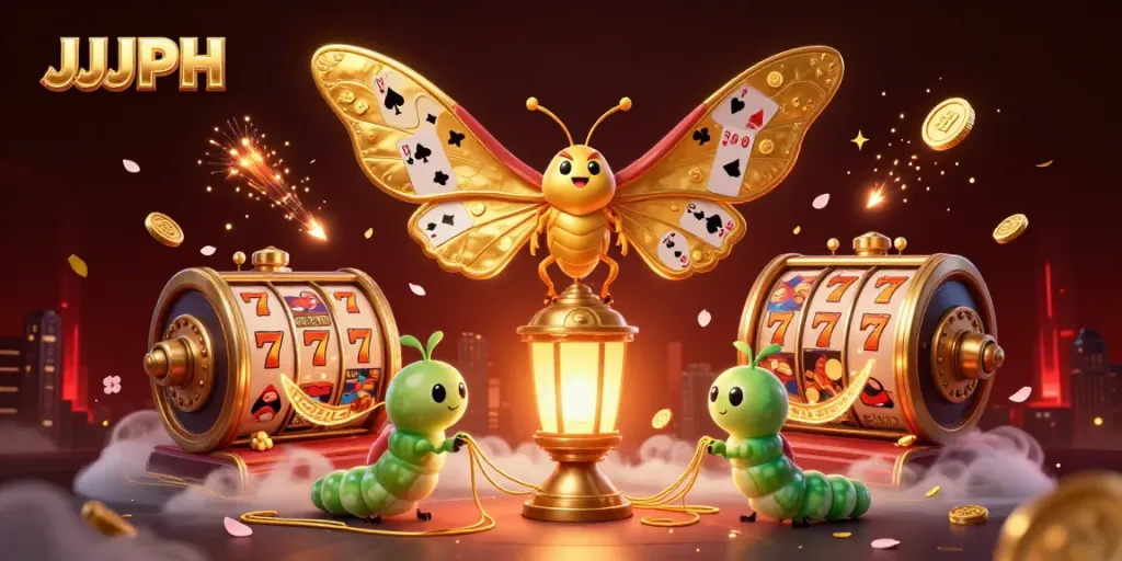 Experience JJJPH excitement with a vibrant casino scene featuring an atlas moth and golden elements.