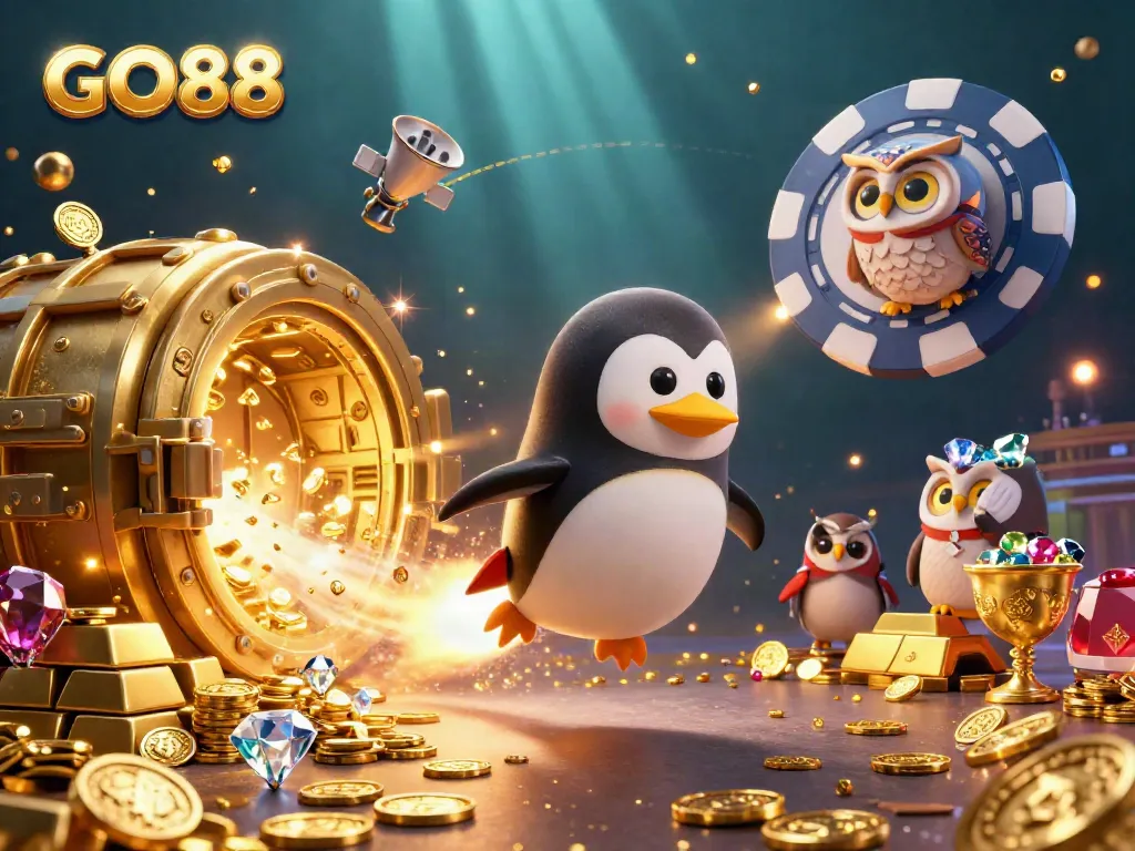 Experience the thrill of GO88 as a golden penguin rockets through a vibrant casino-themed universe.