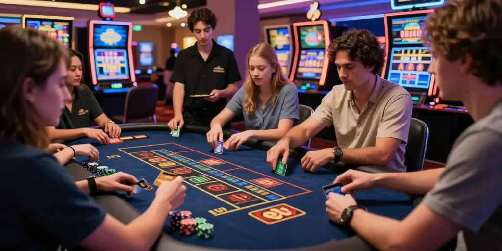 Dynamic casino scene showcasing players using credit card casino sites to engage with slot machines, reflecting excitement and security.
