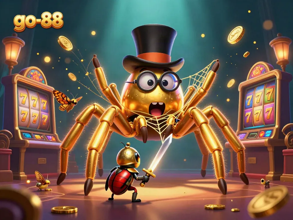 Experience the excitement of go-88 with a golden tarantula and beetle knight in a dynamic casino scene.