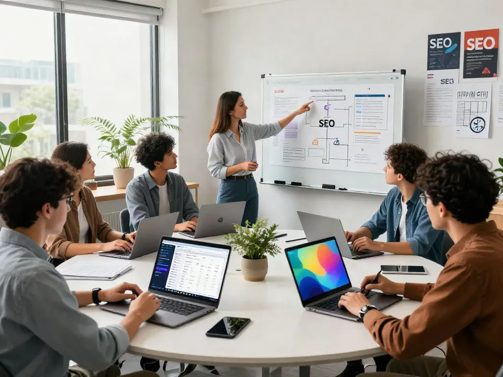 SEO experts engaging in instant indexing strategies around a collaborative workspace.
