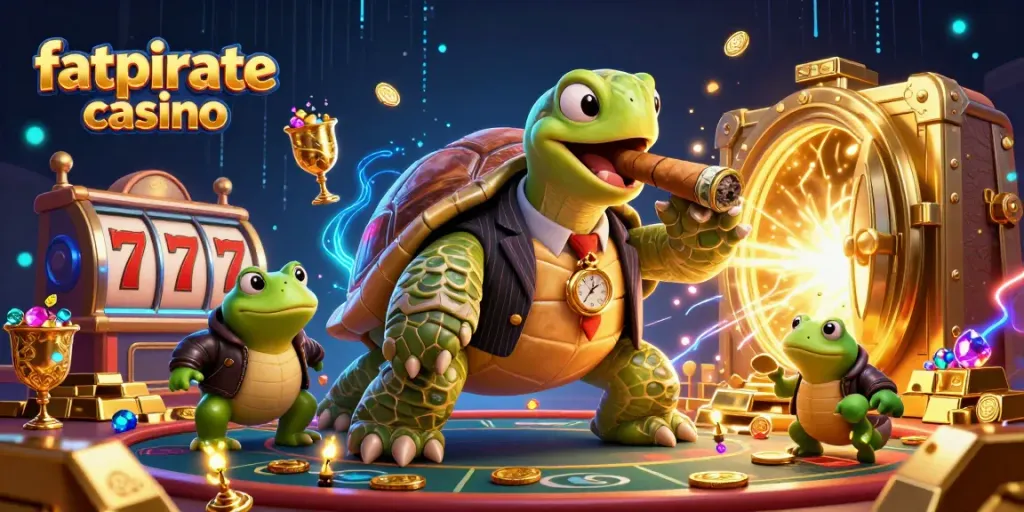 Experience the thrill of fatpirate casino with a vibrant 3D illustration featuring a snapping turtle in a mobster suit.