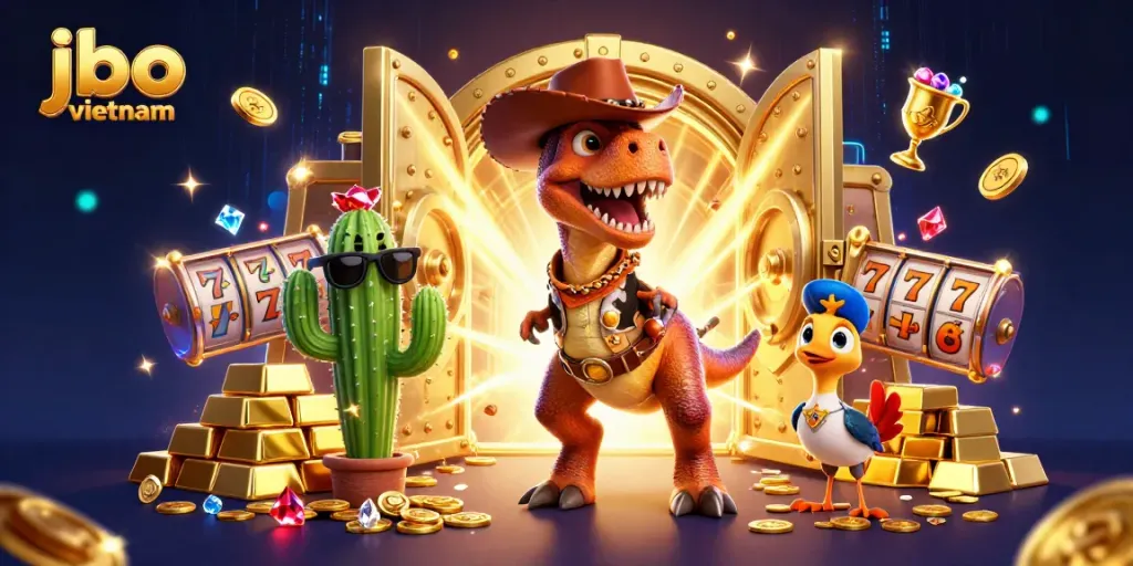 Experience the thrills of jbo vietnam casino with this vibrant 3D dinosaur-themed illustration.