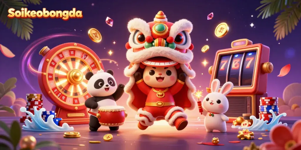 Experience Soikeobongda with an engaging 3D scene of festive characters and casino elements.