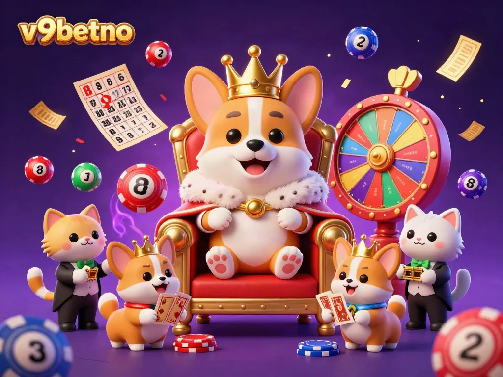 Engage with thrilling game elements at v9betno, featuring a royal corgi surrounded by vibrant casino imagery.
