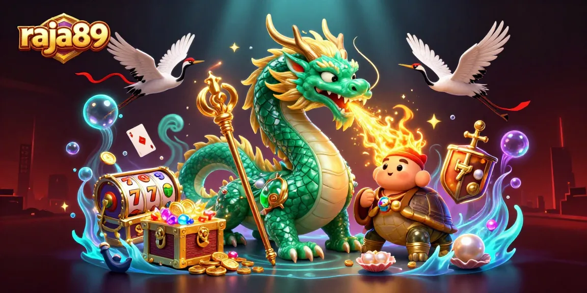 Experience exciting gaming with raja89's vibrant 3D illustration featuring a jade dragon and lucky cranes.
