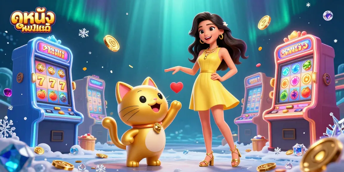 Experience the thrill of ดูหนังออนไลน์ with a captivating scene of slot machines, lucky symbols, and engaging characters.
