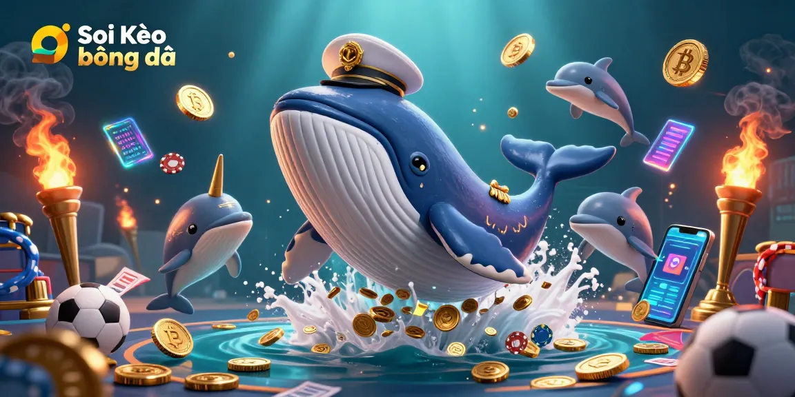 Soi Kèo bóng đá captures the thrill of sports betting with a dynamic illustration featuring a whale, narwhal, and playful dolphins in action.