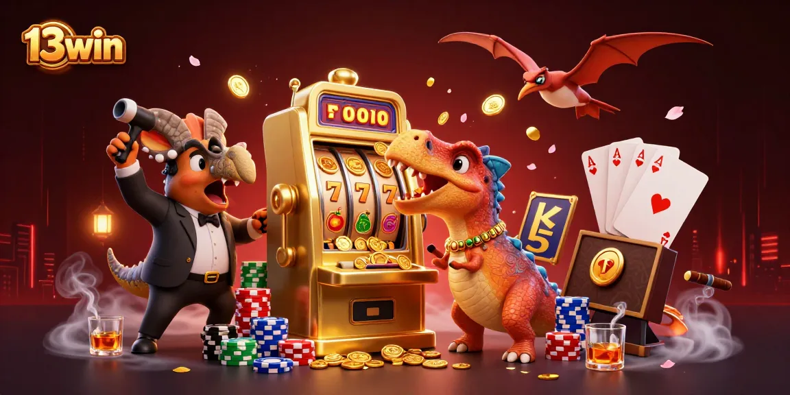 13win slot machine jackpot illustration featuring dinosaur characters engaging in a dynamic casino scene.