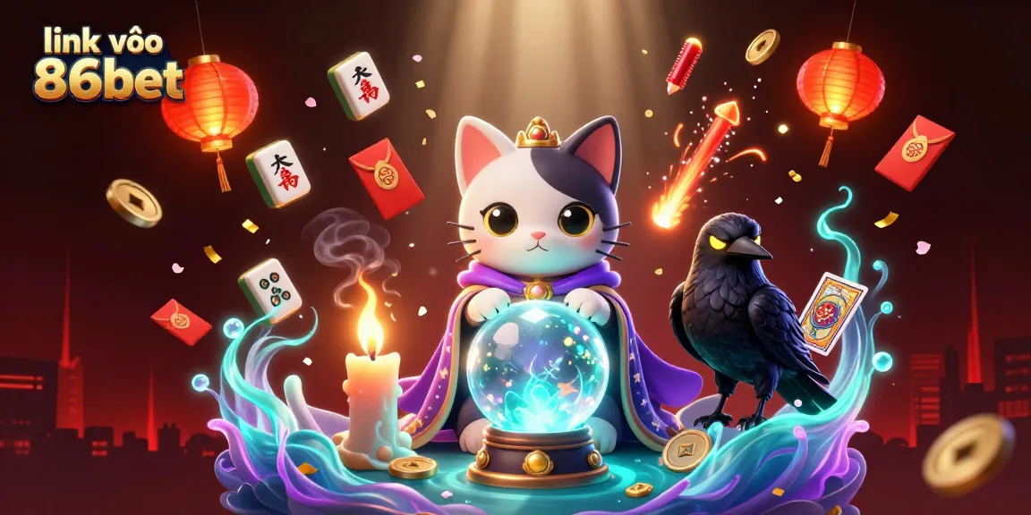 Engage with link vào 86bet in this vibrant 3D casino illustration showcasing a mystical cat and raven.