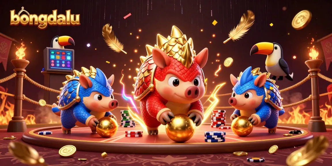 Bongdalu features rival pangolins in a vibrant sports betting arena rolling through poker chips.