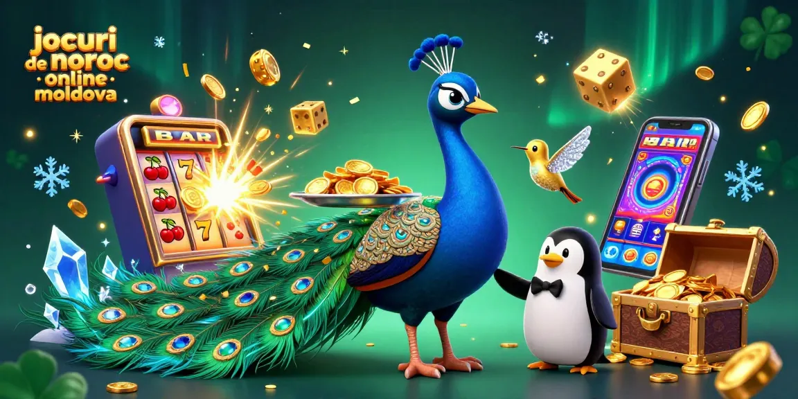 Joacă jocuri de noroc online Moldova cu un păun aristocrat, un pingvin butler și un colibri zburător în decoruri colorate de casino.