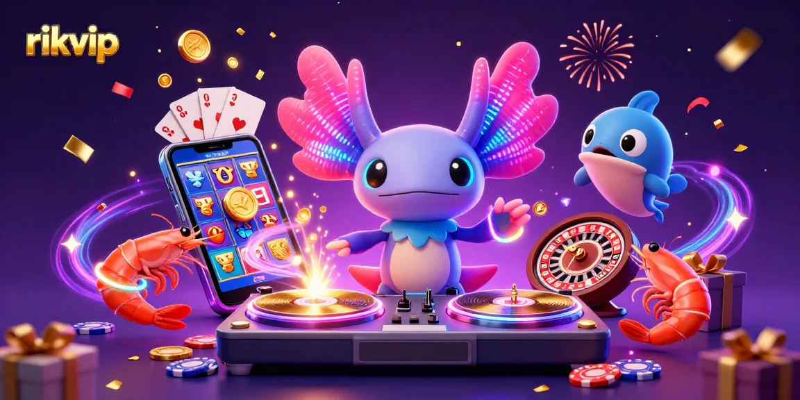 Experience gaming excitement with rikvip featuring a cartoon DJ and vibrant casino elements