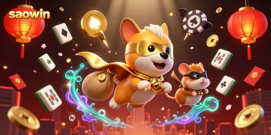Experience the excitement of saowin with a superhero dog flying amidst glowing casino elements.