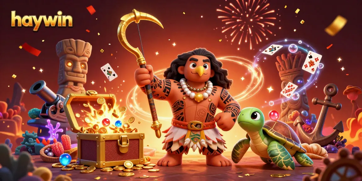 Engage with haywin's vibrant casino atmosphere featuring animated characters amidst sparkling treasures.