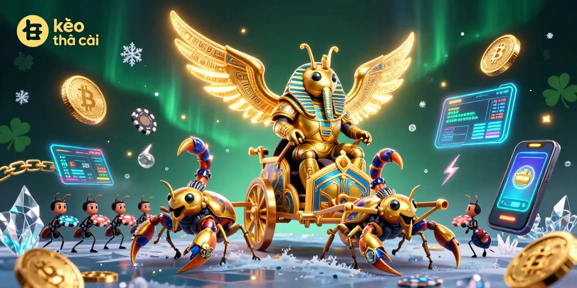 Engage with kèo nhà cái as a colossal golden scarab beetle leads a vibrant online betting scene filled with 3D elements.