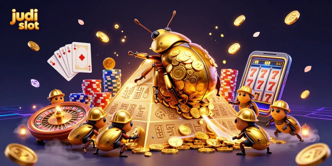 Experience the thrill of judi slot with golden beetles and cascading coins in a vibrant 3D casino scene.