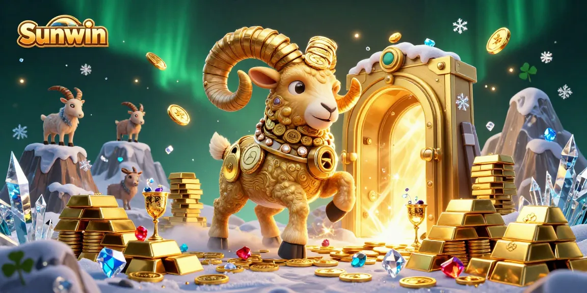 Sunwin players immerse in vibrant gameplay, featuring a golden ram and treasures in an exciting casino scene.