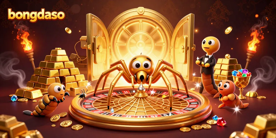 Bongdaso illustrated scene with a spider, fly, and centipede in a vibrant casino web setup.