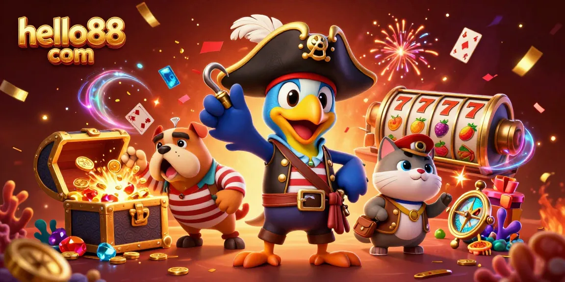 Win big at hello88 com with an exciting pirate-themed casino adventure featuring treasure and playing cards.