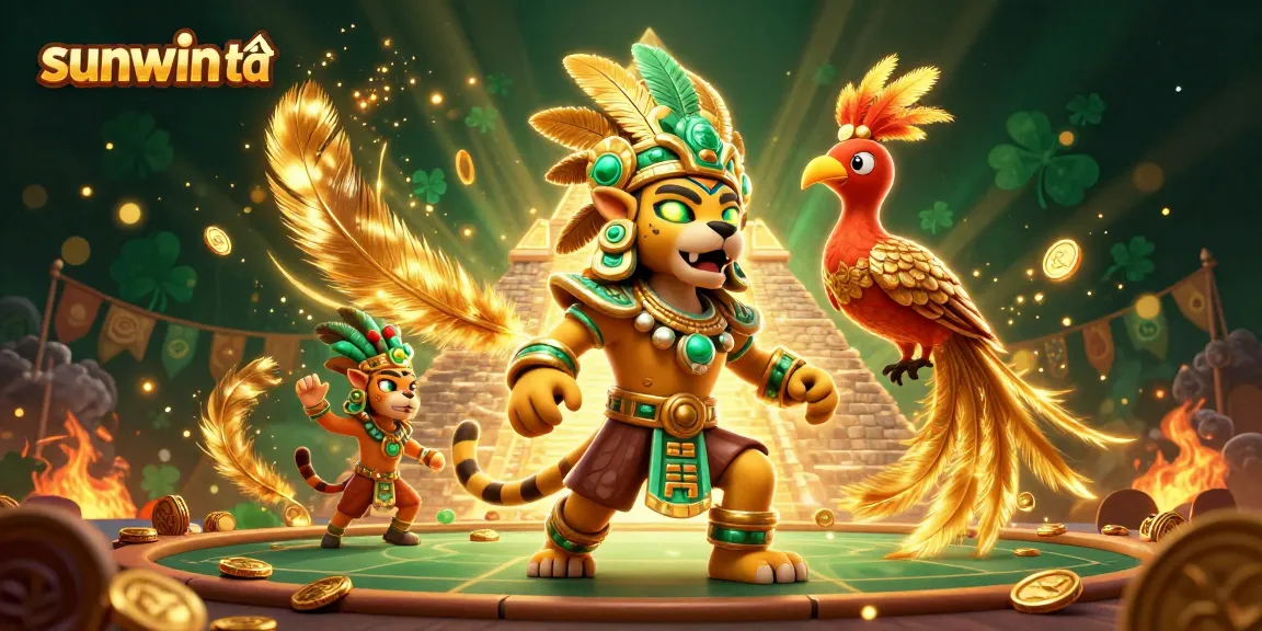 Engage with sunwin tải's dynamic gambling arena featuring 3D cartoon Mayan jaguar and quetzal bird.