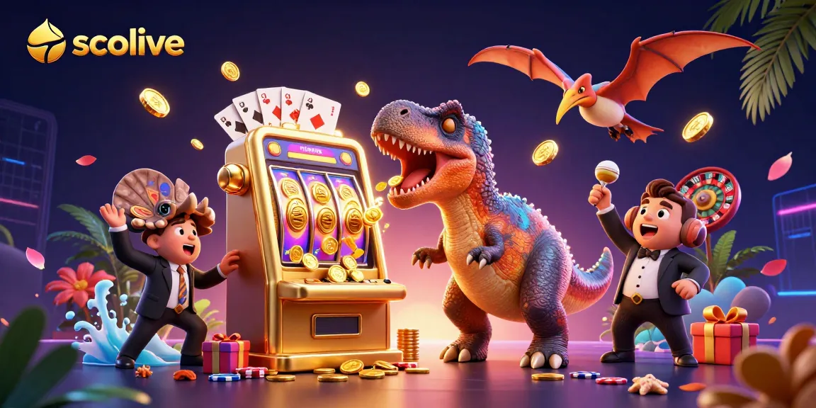 Socolive features a dynamic casino scene with a dinosaur winning at a slot machine, showcasing intense gambling action.