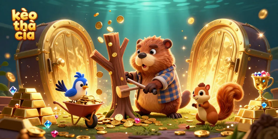 Engage with kèo nhà cái action in a vibrant 3D casino scene featuring cartoon characters collecting golden coins.