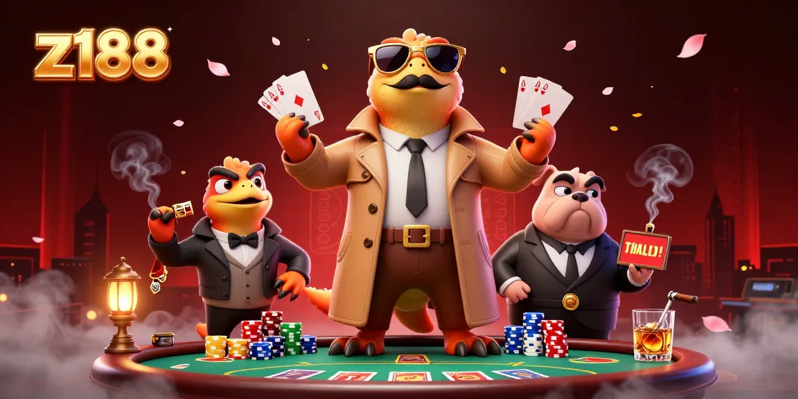 Engage with z188's excitement as raptors play poker in a vibrant casino scene.